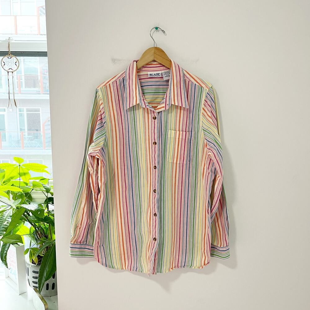 Blair Vintage Rainbow Stripe Button Up Long Sleeve Top Size XL